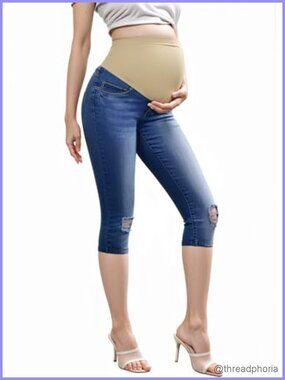 Maternity Boot Cut Denim Capri Jeans, High Waist Stretch Maternity Capris